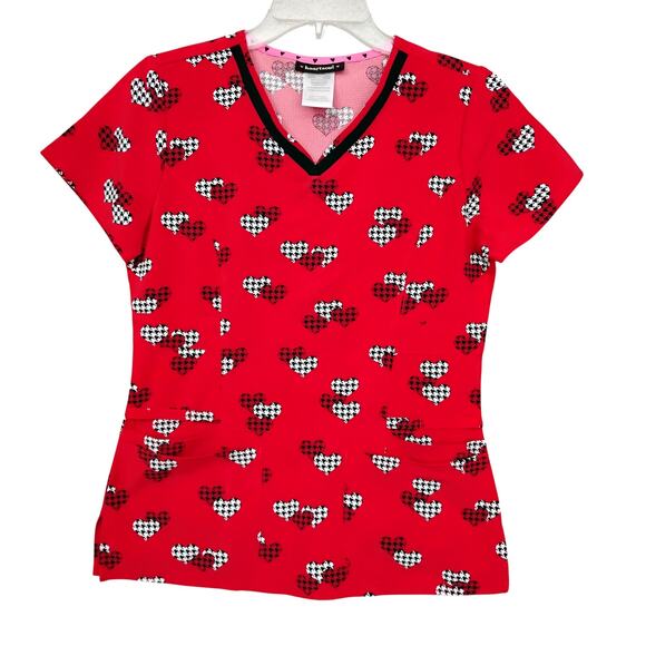 Heart Soul Scrub Top Size XS Valentines Red Hearts Print Short Sleeve V Neck - Picture 2 of 6